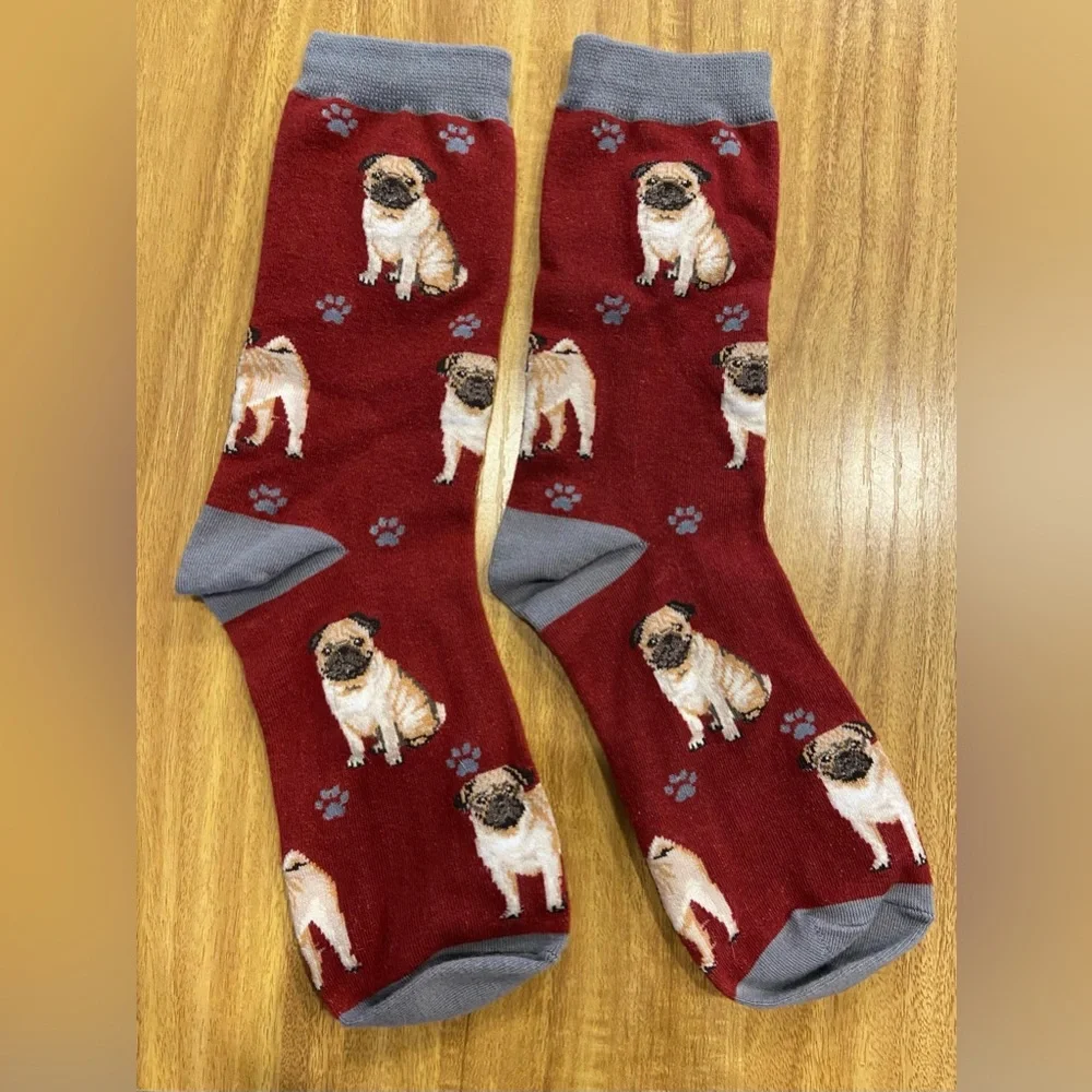 Pug Socks Burgundy/Red and Gray. Women’s size 9-11